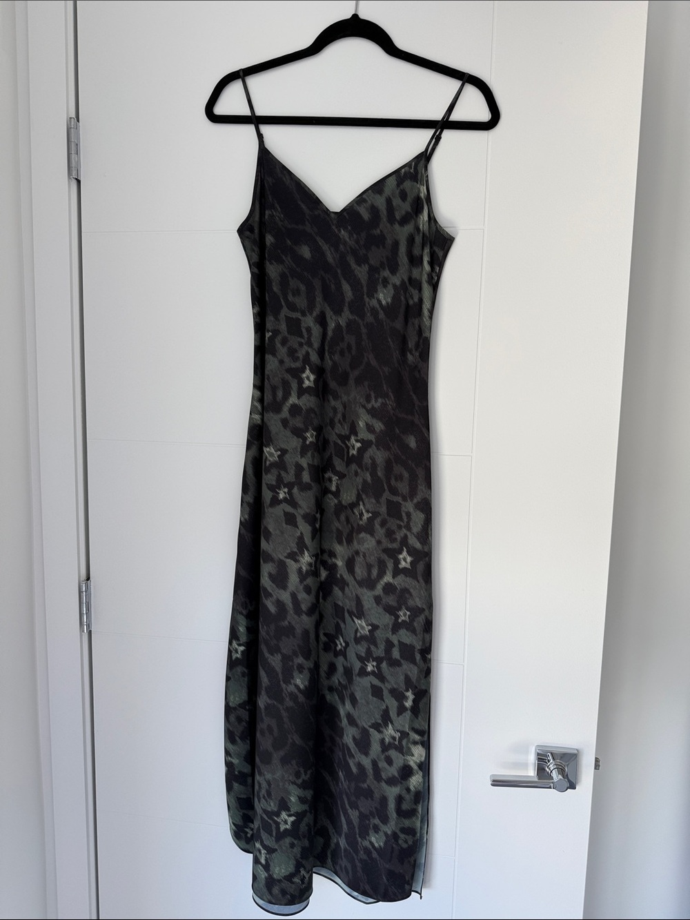 AllSaints Black & Green Leopard-Print Slip Midi Dress w/Star Print Detail